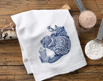 Beaver Oregon Grape Tea Towel | Hand-Drawn Cotton Kitchen Dish Towel Gifts