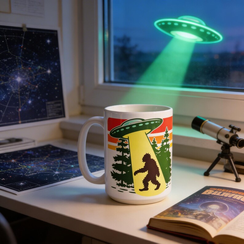 a mug with a picture of an alien spacecraft hovering over a forest, along with a telescope and a map of the night sky.