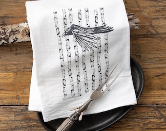 Black Raven Tea Towel | Hand-Drawn Bird Kitchen Decor | Eco-Friendly Cotton, Raven Lover Gift