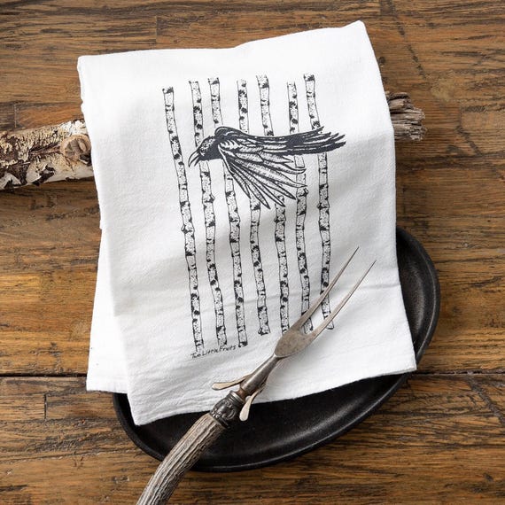 Black Raven Tea Towel | Hand-Drawn Bird Kitchen Decor | Eco-Friendly Cotton, Raven Lover Gift