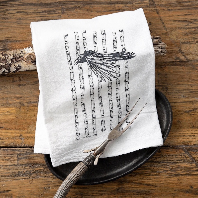 Black Raven Tea Towel | Hand-Drawn Bird Kitchen Decor | Eco-Friendly Cotton, Raven Lover Gift image 1