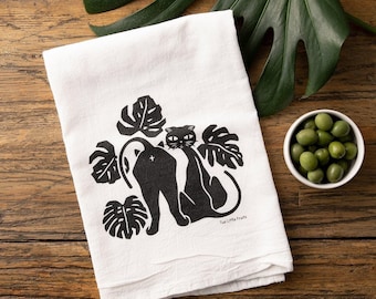 Cotton Tea Towel: Black Cat and Monstera Leaf - Soft, Durable Fabric