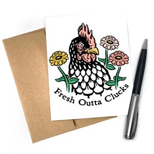 Carte de voeux Fresh Outta Clucks - Carte de poulet drôle, vierge à l'intérieur