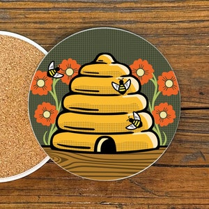 Honeybee Ceramic Drink Coaster – 4” Bee Coaster with Cork Back – Colorful Nature Decor for Table or Bar
