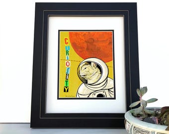 Impresión espacial del gato curioso: Ilustración caprichosa de Marte
