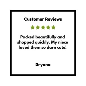 Puede incluir: Un gr&aacute;fico cuadrado con el texto Customer Reviews en la parte superior, seguido de cinco estrellas verdes. Debajo, el texto dice: Packed beautifully and shipped quickly. My niece loved them so darn cute! El nombre Bryana aparece abajo.