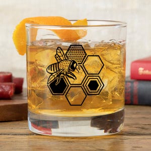 Honeybee Whiskey Glass | Hand-Drawn Honeycomb Rocks Glass 10oz | Bee Lover Gift, Barware, Unique Drinkware