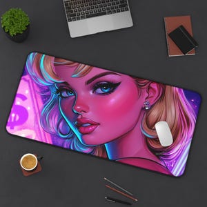 Könnte beinhalten: Eine rosa und violette Neon-Illustration einer Frau mit blonden Haaren, die über ihre Schulter schaut. Der Hintergrund zeigt ein Dollarzeichen und Neonlichter.