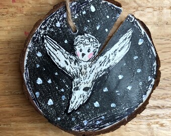 Night Owl, hand painted wood slice ornament