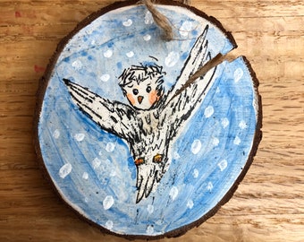 Snowy Owl hand painted wood slice ornament