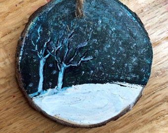 Winterscape, hand painted wood slice ornament