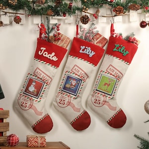 Personalized Christmas Stockings with name, Custom Vintage Stamp Christmas Stockings, Monogram Stocking, Christmas Gift, Holiday Stocking