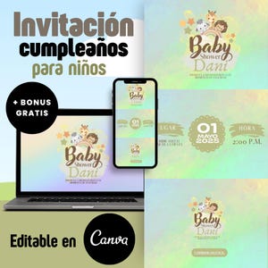 Puede incluir: Un diseño de invitación para baby shower con el texto "Baby Shower Dani" y animales de dibujos animados. El diseño se muestra en una computadora portátil, un teléfono inteligente y detalles adicionales del evento.
