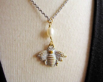 White and Gold Bee Necklace, White Patina Chain, Botanical, Gardendiva