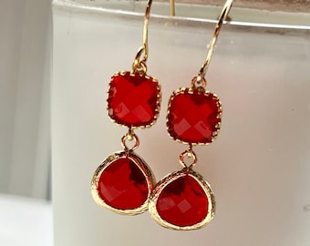 Red Two Stone Earrings, Valentines Day, Dainty Dangle Drops, Gardendiva