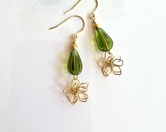 Green and Gold Flower Earrings, Gold Petal, Oriental Flower Design, Wedding Jewelry