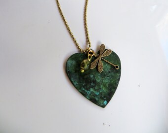 Dragonfly Necklace, Patina Heart, Long Brass Necklace, Bohemian, Gardendiva