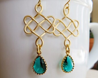 Emerald Green Gold Earrings, Celtic Knot Infinity Earrings, Bridesmaid Gift, September Birthstone, Gardendiva