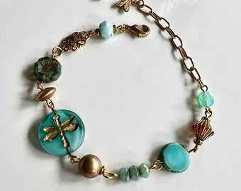 Dragonfly Charm Bracelet, Turquoise Czech Beads, Brass Dragonfly, Beaded Bracelet, Gardendiva