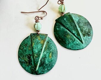 Verdigris Patina Earrings, Green Blue Textured Earrings, Handmade Jewelry, Art Deco, Gardendiva