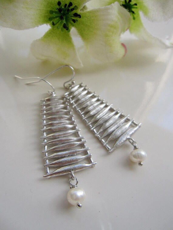 Silver Ladder Earrings Long Dangle Earrings Pearl Drop Gift Etsy