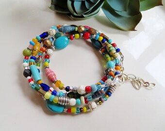Four Strand Wrap Bracelet, African Beads, African Christmas Beaded Bracelet, Girlfriend Gift, Gardendiva