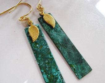 Patina Geometric Earrings, Art Deco Earrings, Gold Leaf Charm, Bohemian, Gardendiva