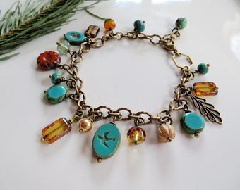 Garden Bracelet, Brass Bird and Flower Charm Bracelet, Colorful Czech Bead, Gardendiva