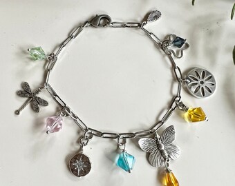 North Star Silver Charm Bracelet, Dragonfly Butterfly, Flower Charms, Austrian Crystal, Girlfriend Gift, Gardendiva