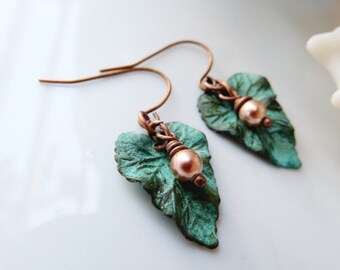 Small Verdigris Leaf Earring, Copper, Bohemian, Botanical, Vintage style, Gardendiva