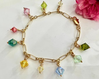 Gold and Crystal Charm Bracelet, Colorful Rainbow Bracelet, Girlfriend Gift, Gardendiva