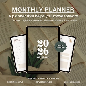 May include: Digital monthly planner displayed on three tablets. The central tablet shows "2026 daily planner" with white text. The other tablets display calendar and planning pages. The background includes open books and text: "MONTHLY PLANNER".