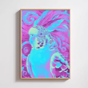 Stampa artistica da parete con calopsitta al neon, poster di uccello psichedelico, decorazione rosa e blu sognante Vaporwave, opera d'arte digitale psichedelica da scaricare