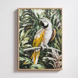 Stampa artistica da parete con pappagallo tropicale, poster con uccello giallo della giungla, decorazione botanica con ara, download digitale di animali boho moderni