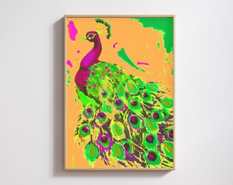 Peacock Wall Art Print, Neon Animal Poster, Vibrant Abstract Bird Decor, Psychedelic Pop Art Digital Download