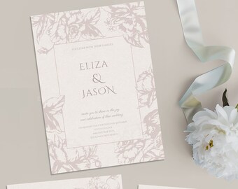 May include: Wedding invitation suite with floral design. The suite includes an invitation, RSVP card, and details card. The text includes the names Eliza & Jason, wedding date, and reception details. The color palette is soft beige and taupe.