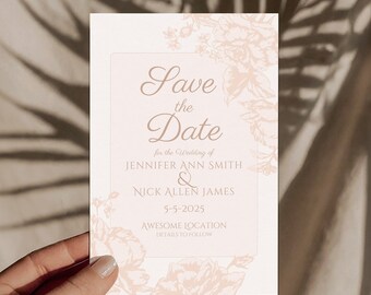 Puede incluir: Tarjeta "Save the Date" con un diseño floral. La tarjeta es blanca con ilustraciones florales rosas y un texto que dice "Save the Date for the Wedding of Jennifer Ann Smith & Nick Allen James 5-5-2025 Awesome Location Details to Follow"