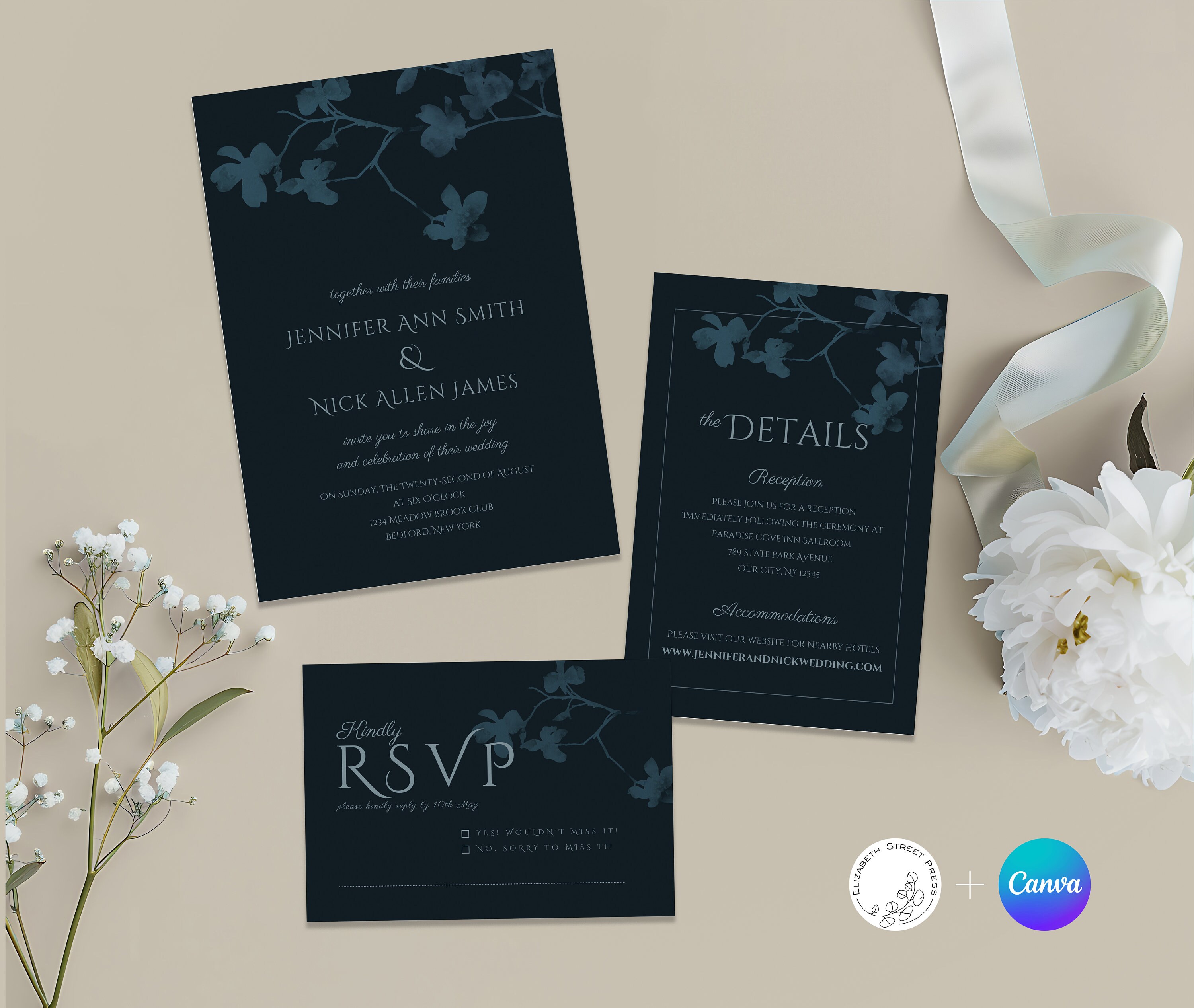 Midnight Dogwood Wedding Invitation Set (digital Download) - Etsy