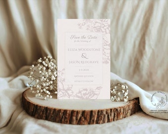 Puede incluir: Una tarjeta de guardar la fecha con un diseño floral en tonos rosa y blanco. El texto dice "Save the Date for the wedding of Eliza Woodstone & Jason Redgrave 5-5-2025 Awesome Location Details to Follow"