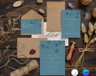 Puede incluir: Un conjunto de invitaciones de boda azul con un diseño floral. La invitación incluye los nombres de Jennifer Ann Smith y Nick Allen James. La tarjeta RSVP tiene un fondo azul con texto blanco. La tarjeta de detalles tiene un fondo azul con texto blanco y el encabezado "The Details".