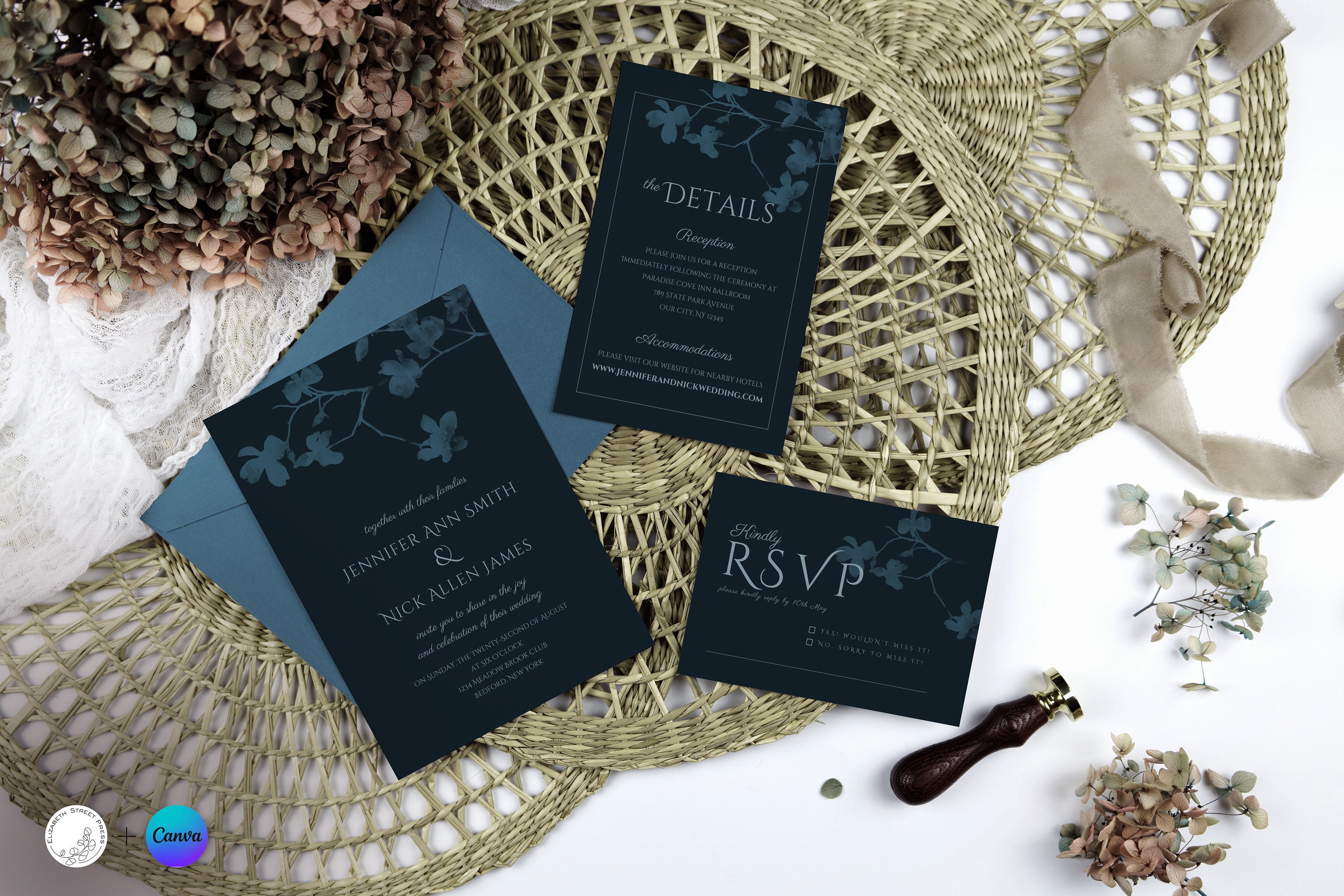 Midnight Dogwood Wedding Invitation Set (digital Download) - Etsy