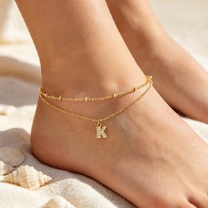 Custom Initial Anklet, Double Layer Gold Anklet, Zircon Letter Charm Ankle Bracelet, Personalized Summer Jewelry Gift for Her