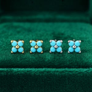 Dainty Turquoise Clover Stud Earrings Set, 18K Gold/S925 Silver, Minimalist Tiny Gemstone Earrings, Four Leaf Clover Charm, Lucky Gift