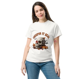 Halloween T-shirt, Creepin&#39; It Real Skull Shirt, Spooky Jack-o&#39;-Lantern Tee, Goth Halloween Apparel, Trick or Treat Shirt