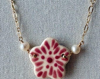 Pink Talavera Flower Necklace Freshwater Pearl Mexican Tile Jewelry