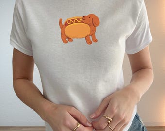 Wiener Dog Tee, Hot Dog Baby Tee, Cute Hot Dog Tee, Cute Dog Baby Tee, Hot Dog Summer Tee, Hot Dog Crop Top, 4th of July Baby Tee.
