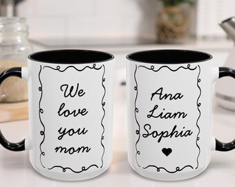 Anpassad mammamugg med barnnamn, anpassad efternamnsmugg, stämpelmammamugg, söt mammamugg, mors dag-present, födelsedagspresent till mamma, vi älskar dig mamma.