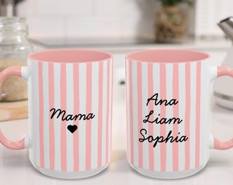 Anpassad mammamugg med barnnamn, anpassad efternamnsmugg, rosa randig mammamugg, randig mammakopp, mors dag-present, födelsedagspresent till mamma.