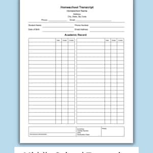 Expediente académico imprimible de escuela secundaria o preparatoria para educación en el hogar