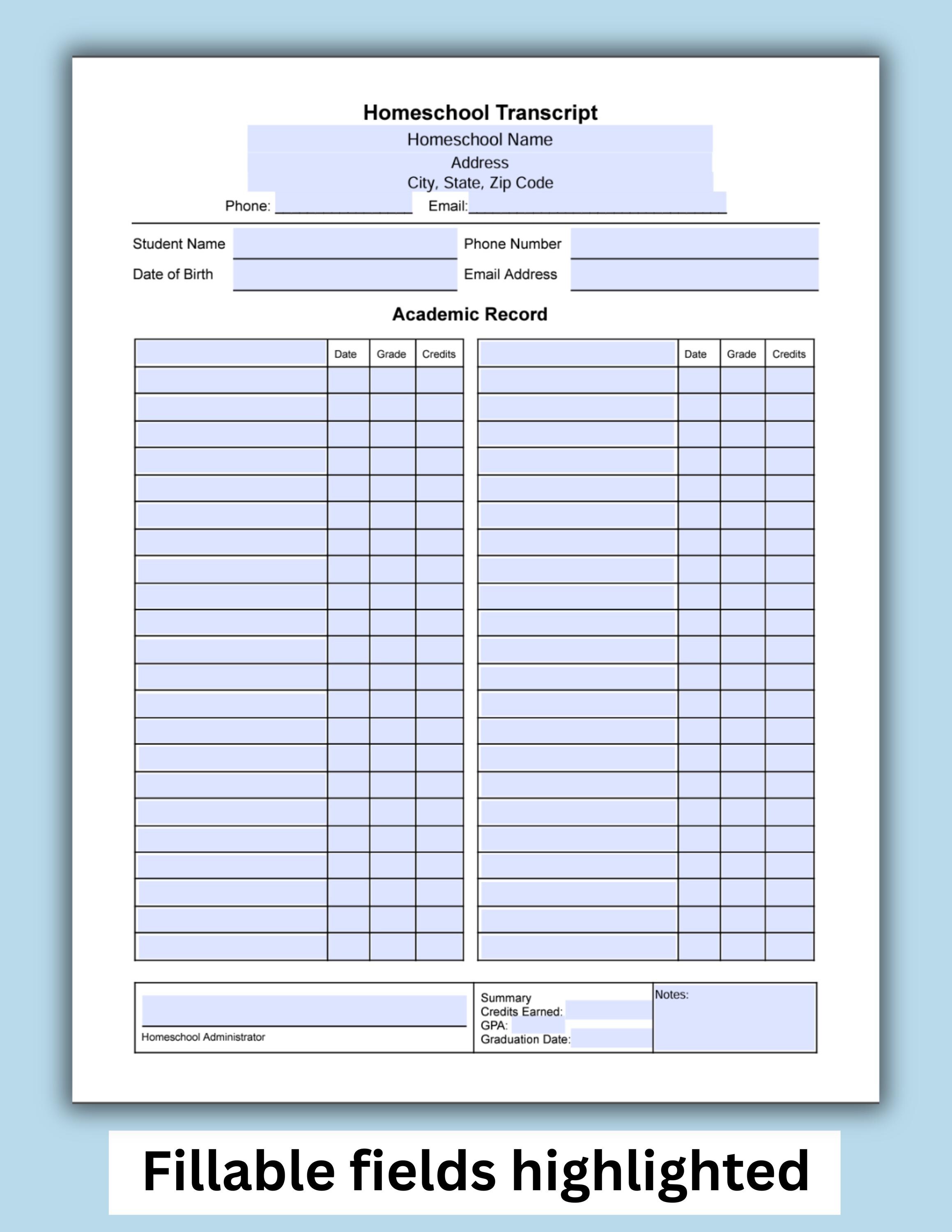 Middle School Homeschool Transcript, Junior High or High School ...